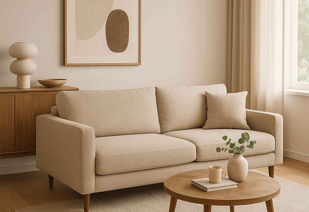 A modern, minimalist living room with a beige sofa, light wood coffee table, and neutral-toned decor