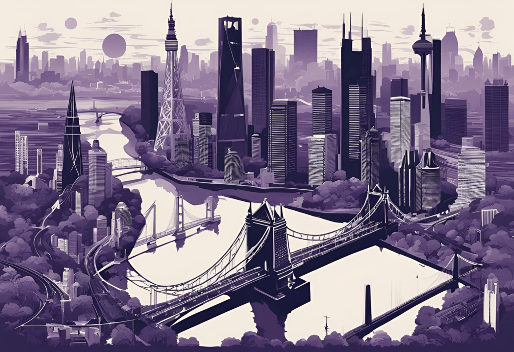 Collage of different cultural elements, a landscape with landmarks from Tokyo, London and Chicago