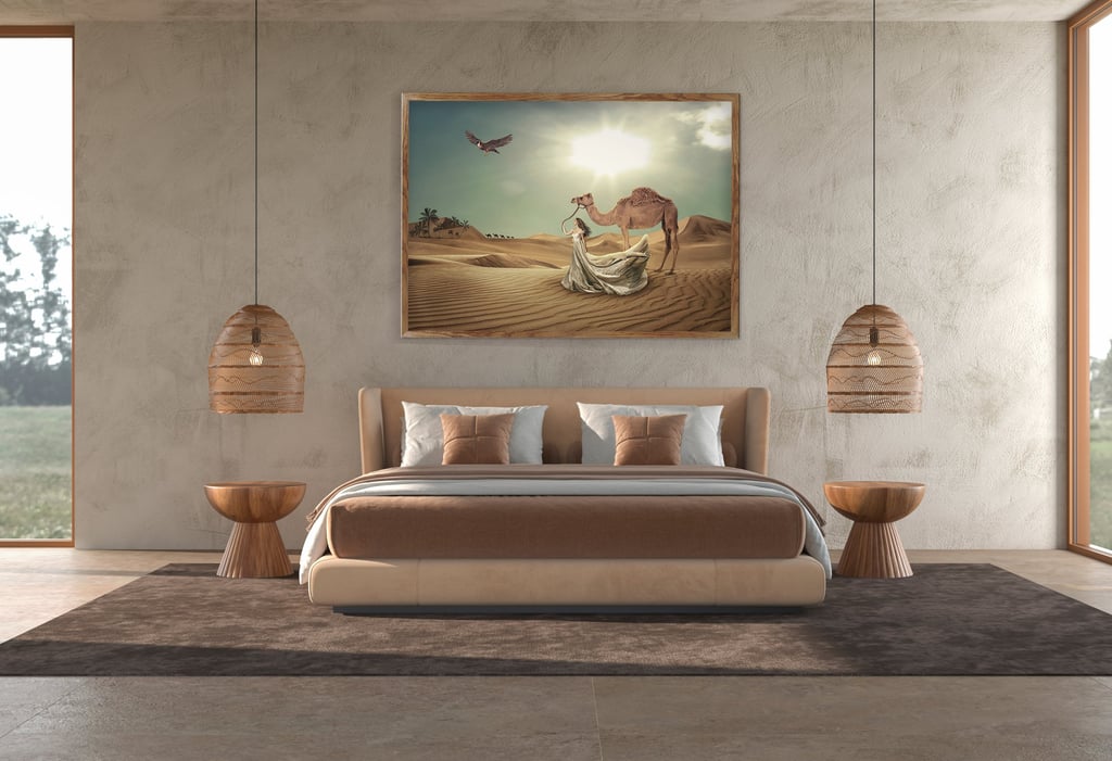 a bedroom with a bed and a large wall art by Rana Damien on the wall