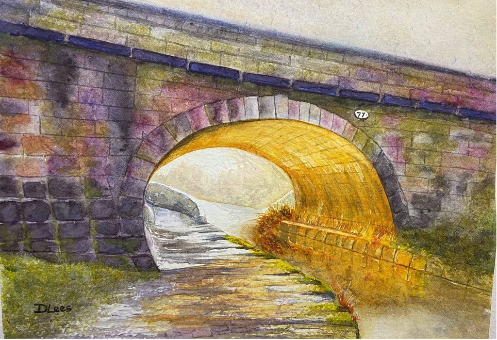 Watercolour of Snaily Bridge in Congleton with sunset reflecting off icy canal