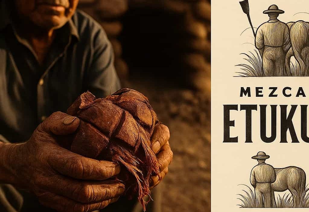 Manos expertas de maestro mezcalero revisando maguey cocido en horno de tierra, mostrando autenticid