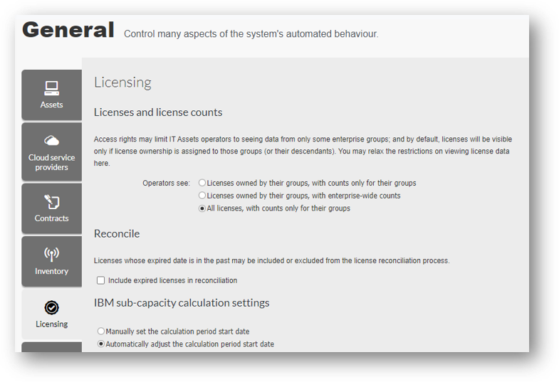 The three options for licenses consumption management in user roles.
