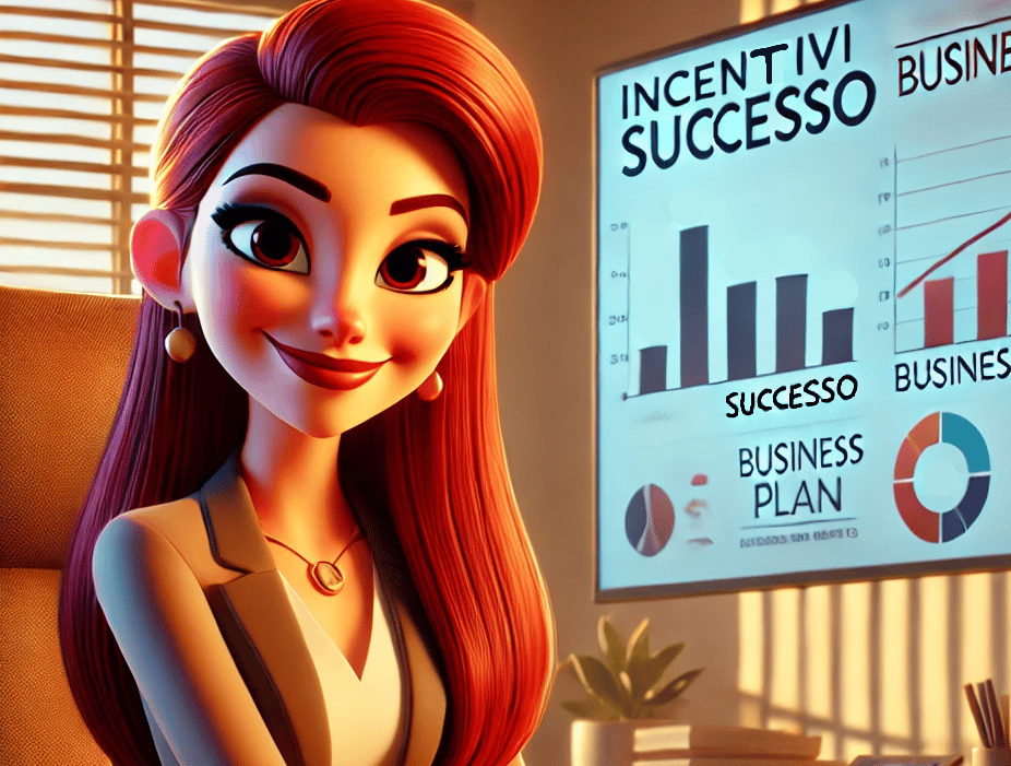 segretaria cartoon dai capelli rossi seduto in un ufficio. Dietro di lei, uno schermo mostra grafici aziendali 