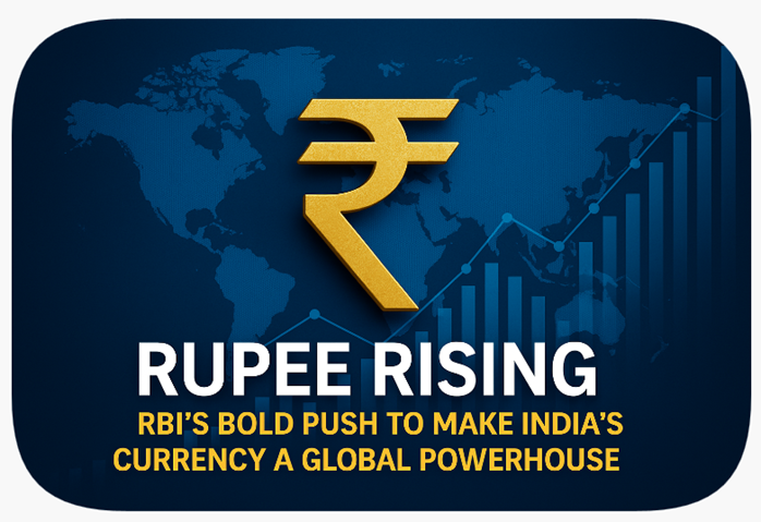 Illustration of Indian rupee rising globally, symbolizin financial influence international expansion