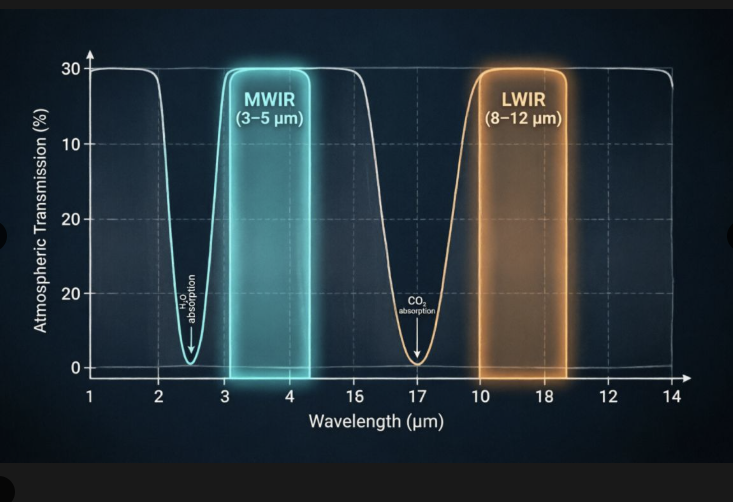 A graph showing atmospheric transmission levels for MWIR and LWIR thermal infrared wavelength bands.
