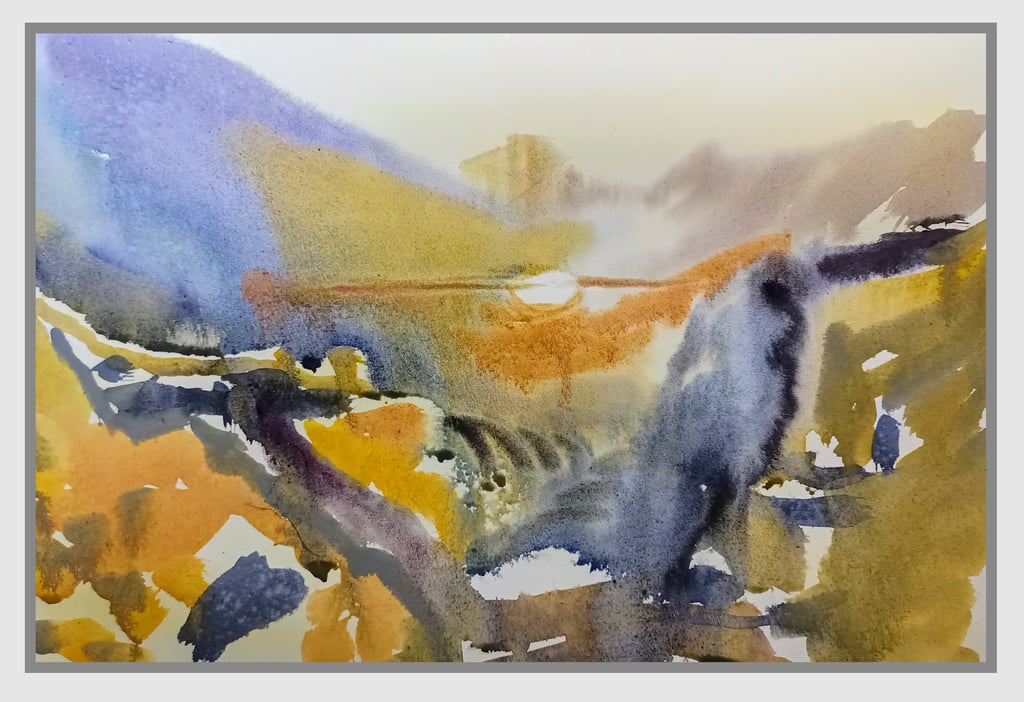 Abstract painting of a mountain lake landscape with blue, yellow, and orange brushstrokes.