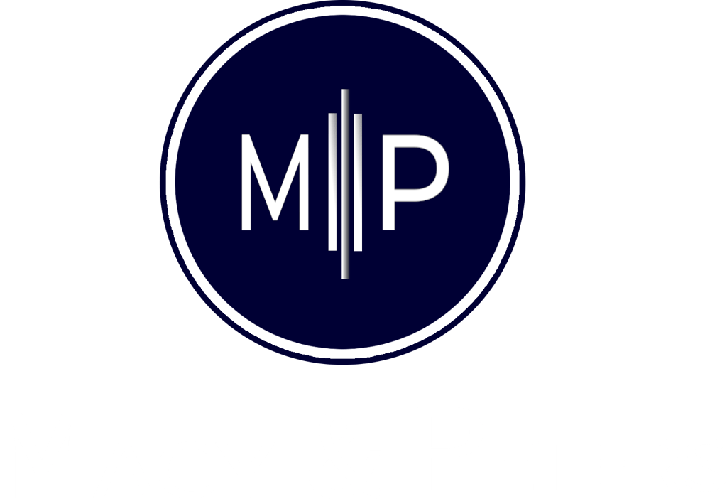 Macy & Peters professional law firm logo featuring a blue circular MP monogram on a black background.