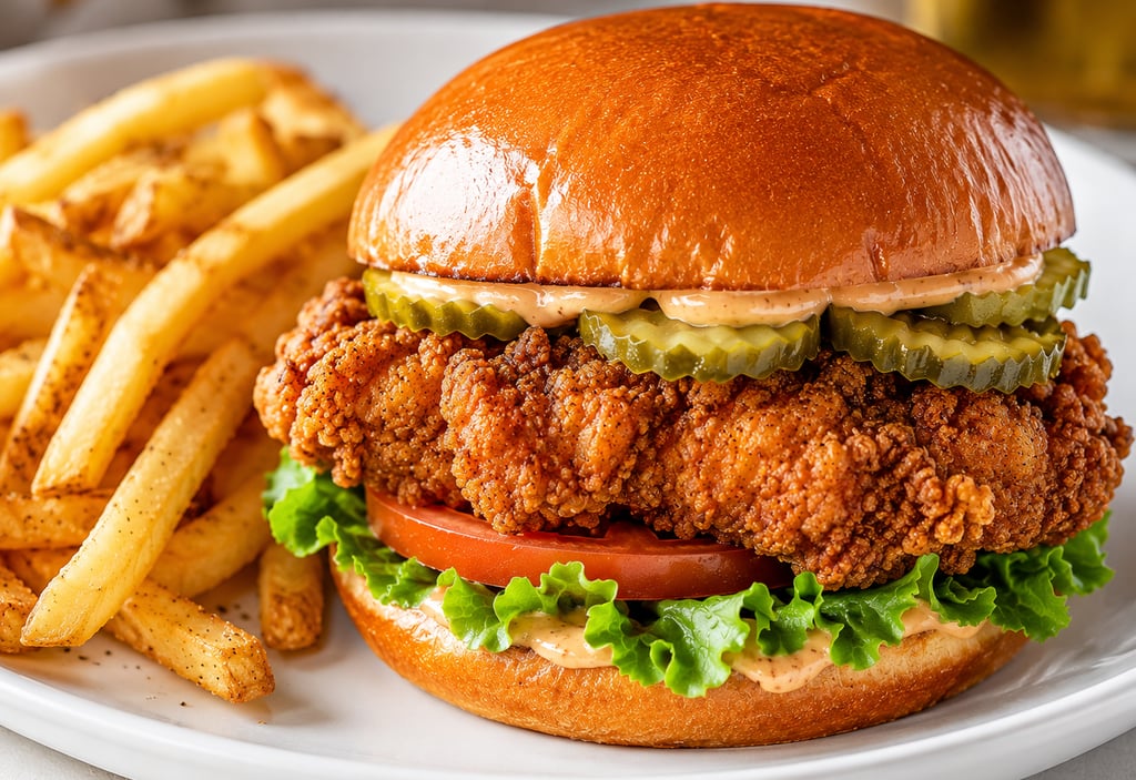 Crispy fried chicken sandwich with pickles, lettuce, and tomato served with a side of golden french fries.