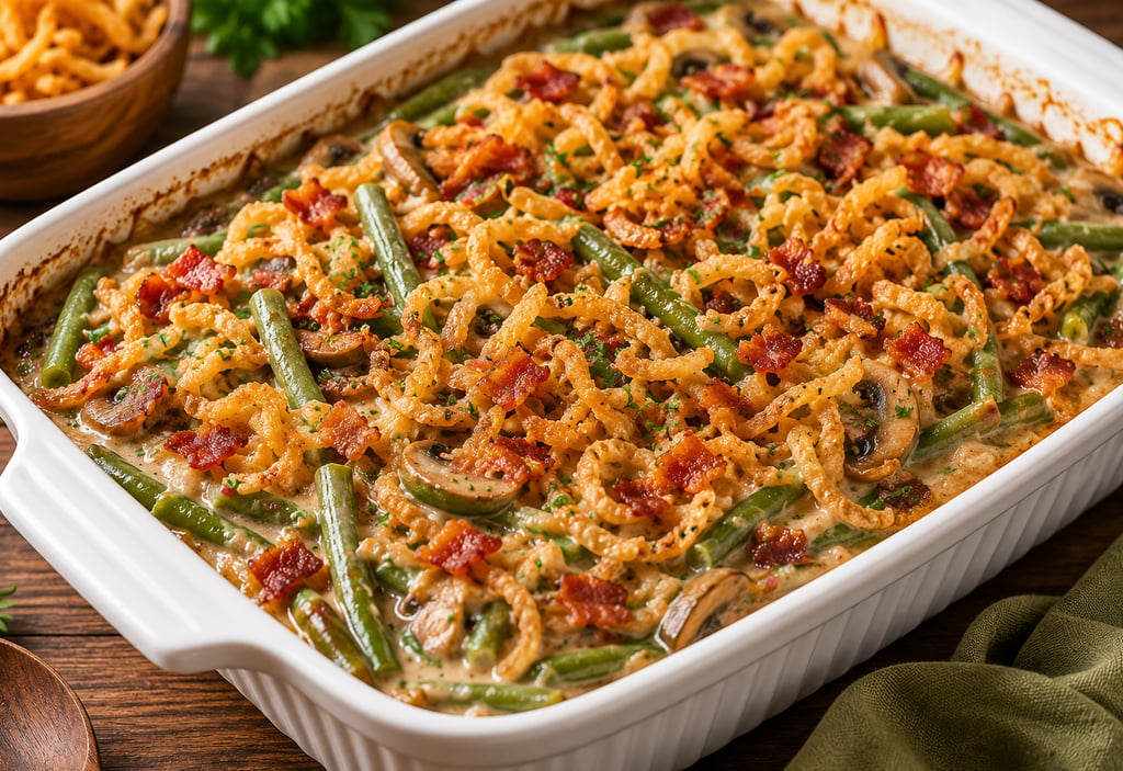 Creamy homemade green bean casserole topped with crispy fried onions, mushrooms, and bacon bits in a white baking dish.