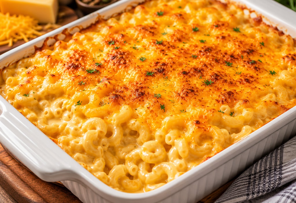 Golden baked macaroni and cheese in a white ceramic dish with a crispy cheddar crust and fresh herbs.
