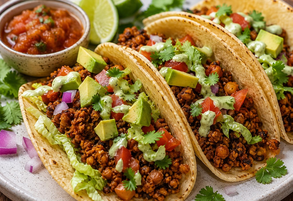 Three ground beef street tacos with avocado, salsa, and cilantro lime crema on corn tortillas.