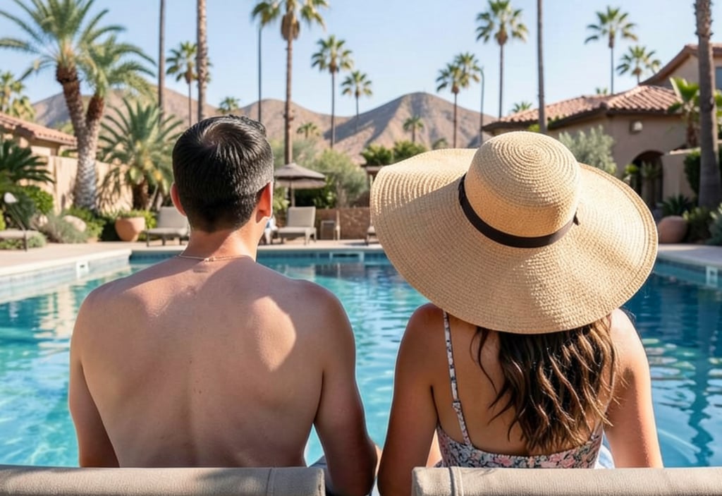 Couple relaxing poolside at a Palm Springs resort with palm trees and mountain views