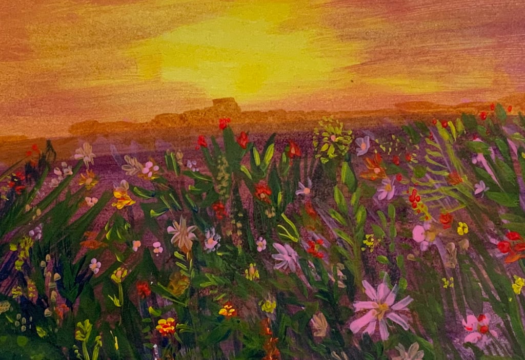 Landscape acrylic painting with warm tones, sunset tones, champagne skies