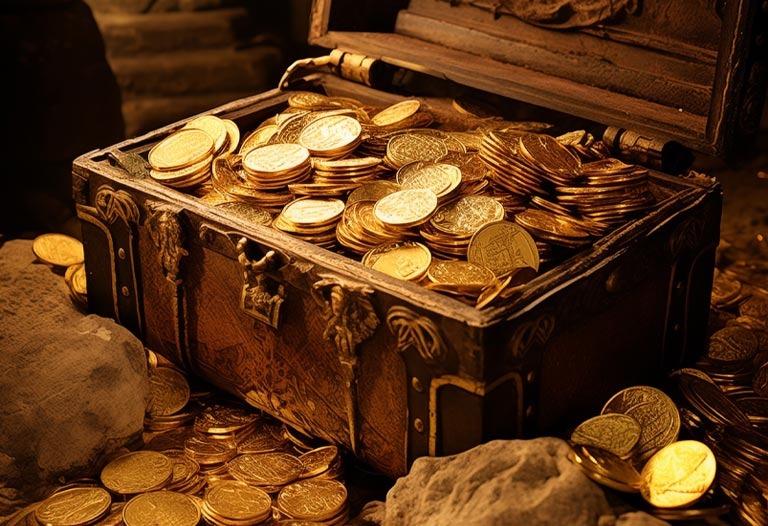 imagem mostra um baú cheio de moedas de ouro uma fortuna .