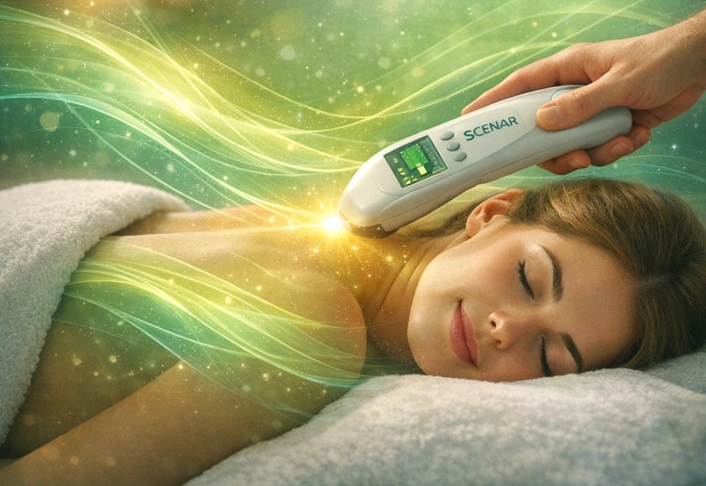 Handheld wellness device easing tension with gentle green energy glow.