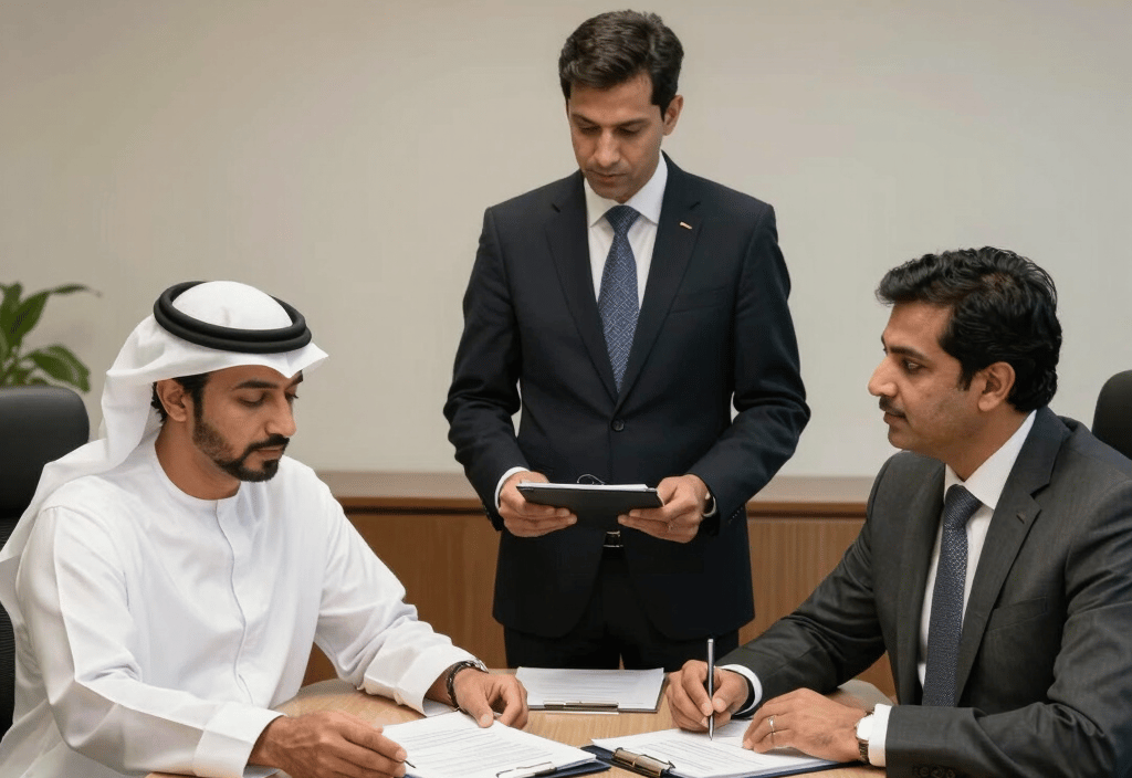 Professional business partners in traditional and formal attire signing a contract in a Dubai office.