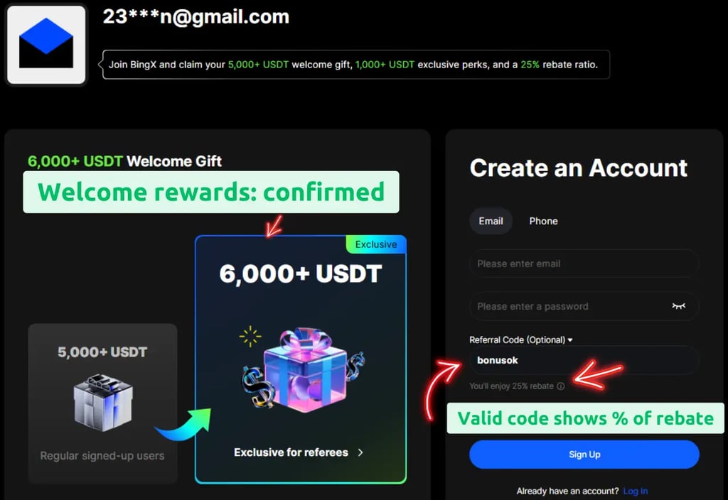 BingX Welcome Bonus + fee 25% rebate: use valid and active referral code BONUSOK