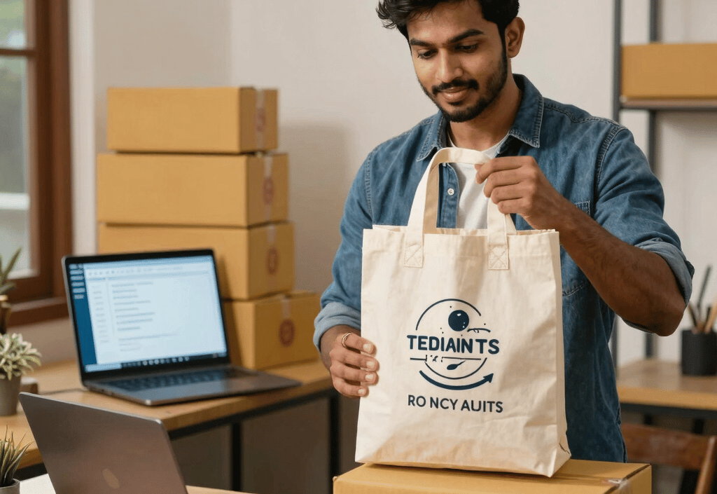 A small business owner packing a branded tote bag into a cardboard shipping box for customer delivery.