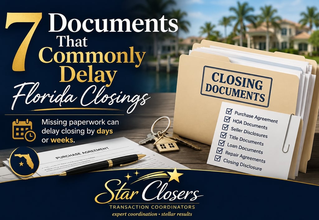 Florida real estate closing documents and transaction checklist showing seven common documents that