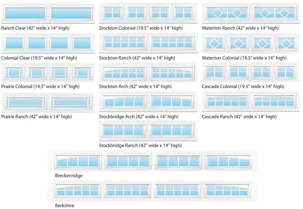 Comparison chart showing different decorative garage door window insert styles and dimensions.