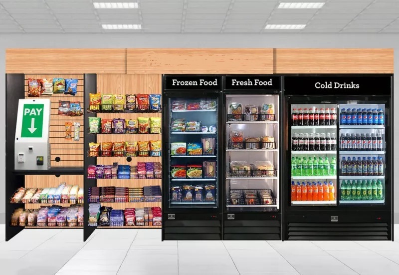 micro market in break room with great tasting nutritious snacks and drinks