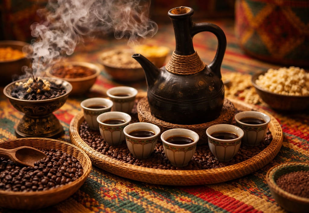 Cerimónia tradicional etíope de café com jebena (bule tradicional de cerâmica), pequenas chávenas se