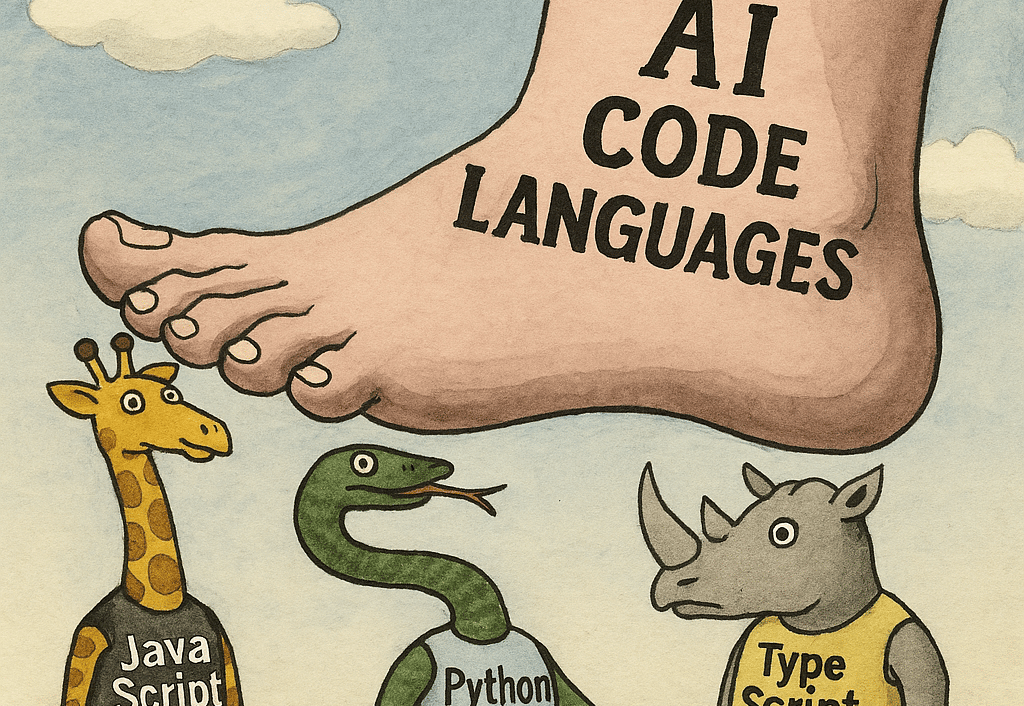 a foot labele AI code languages squashes on 3 characters who are javascript, python, and typescript