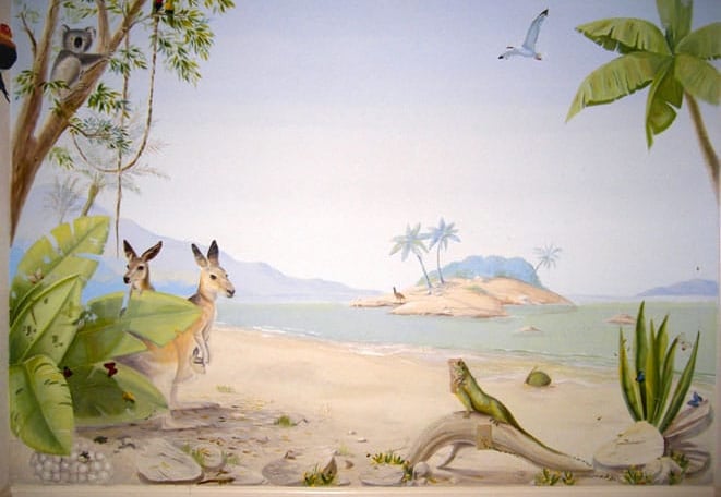 Australian kid's beach scene mural with palm trees, kangaroos, a koala and iguana.