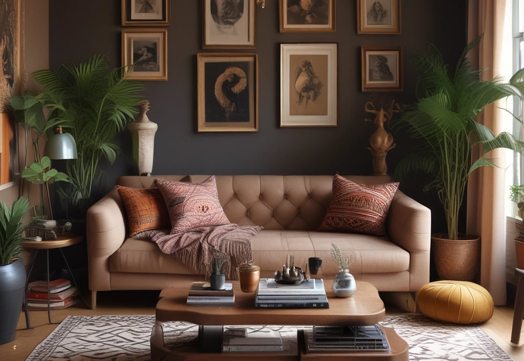 A sunlit nook filled with layered rugs, woven baskets, and lush green plants surrounding a plush, patterned armchair.