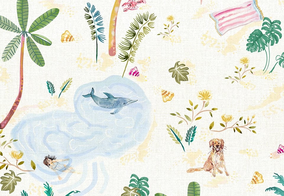 Estampa infantil de paisagem, com mar, golfinhos, crianças nadando, cachorros, conchas, coqueiros