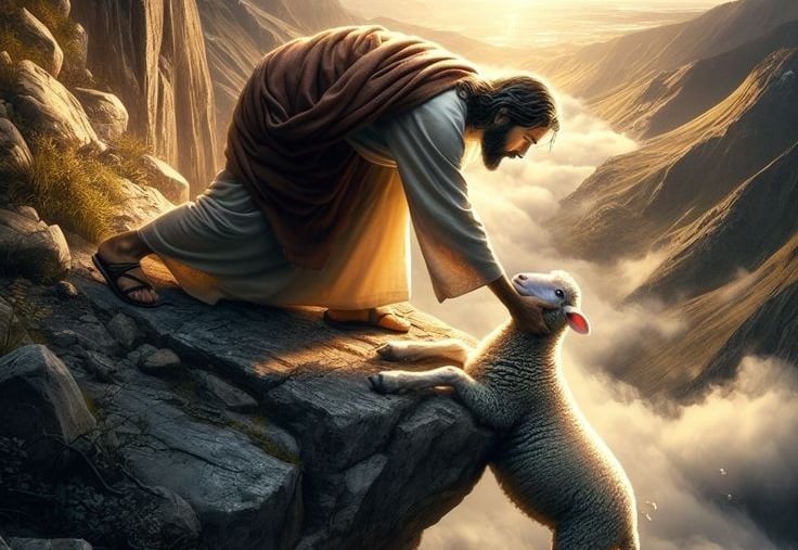 Jesus giving a helping hand to save his sheep