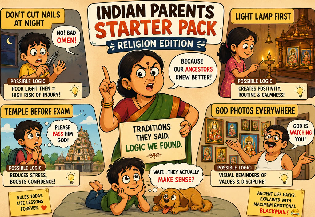 An infographic titled Indian Parents Starter Pack Religion Edition explaining cultural traditions and logic behind them.