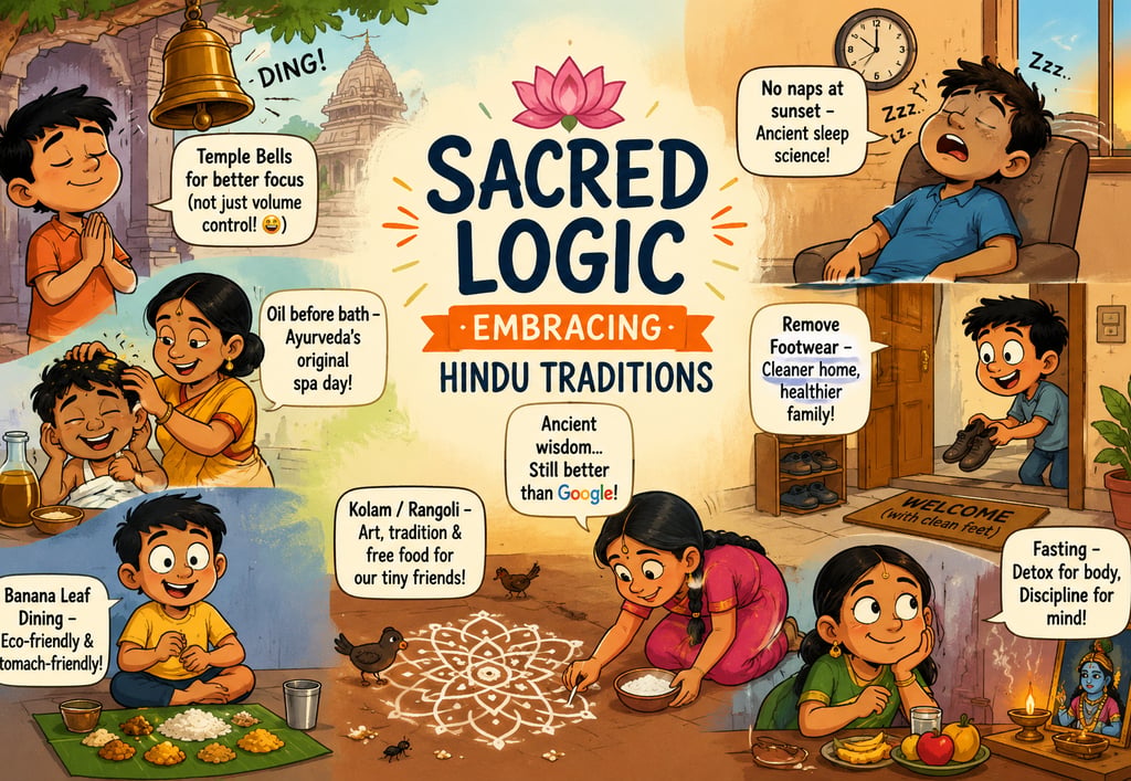 An educational illustration titled Sacred Logic explaining Hindu traditions like Ayurveda, Kolam, and temple bells.
