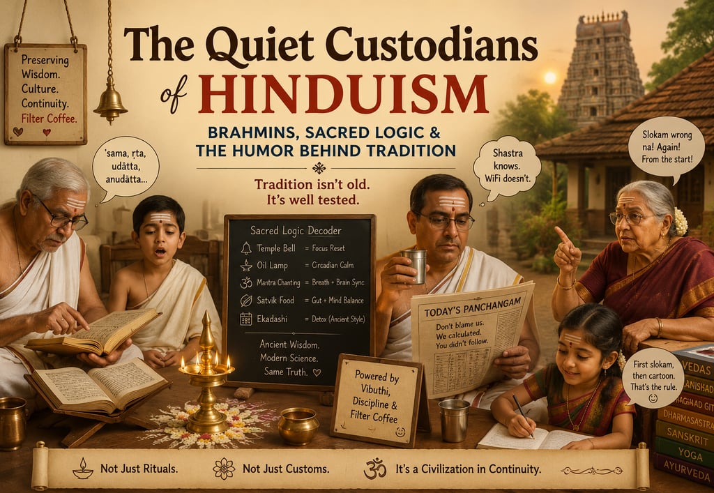 A multigenerational Brahmin family practicing Hindu traditions with ancient scriptures and modern humor.