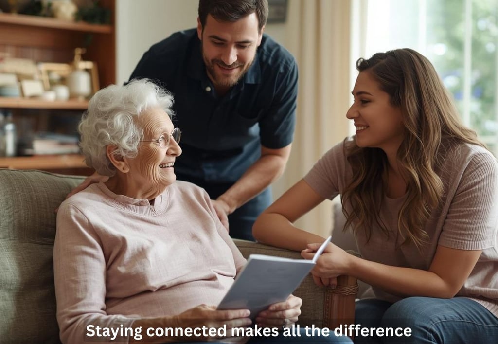 Family supporting elderly parent at home for safety and daily care