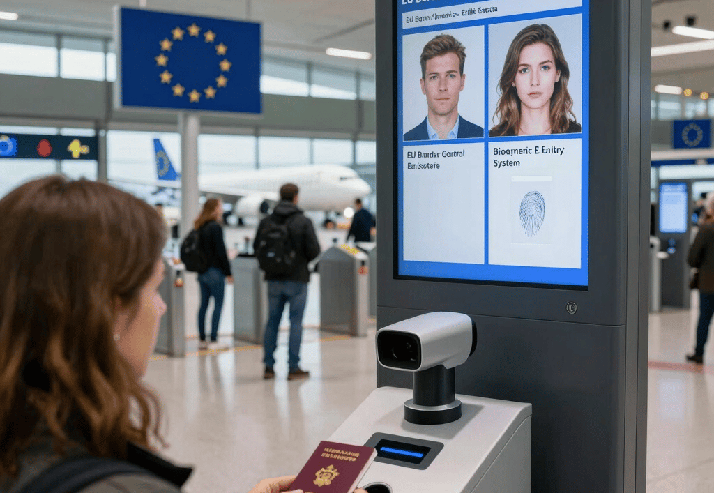 Approved Schengen visa application form with a passport, travel calendar, and European landmarks for 2026 holidays.