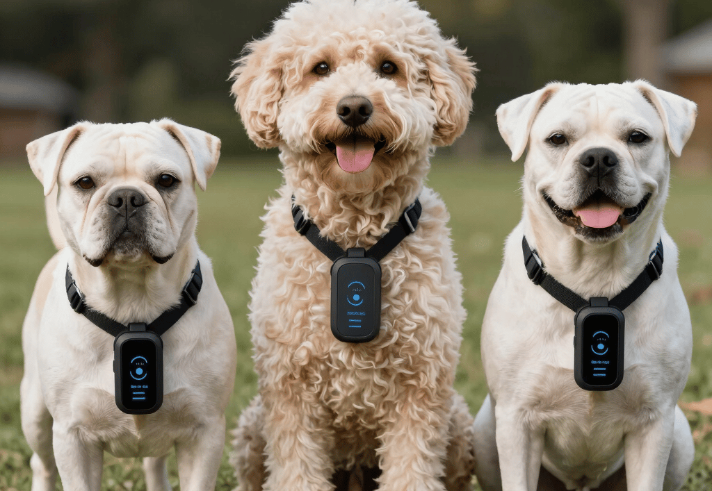 Three dogs sitting in a park wearing black GPS tracking collars for pet safety.