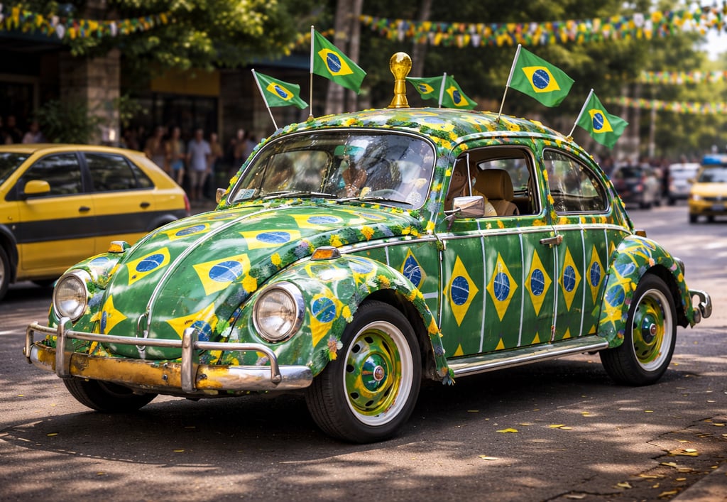 carro decorado para Copa do Mundo com bandeiras do Brasil