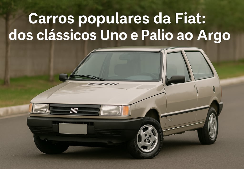 Fiat Uno Mille prata estacionado em rua, com a frase Carros populares da Fiat no topo da imagem