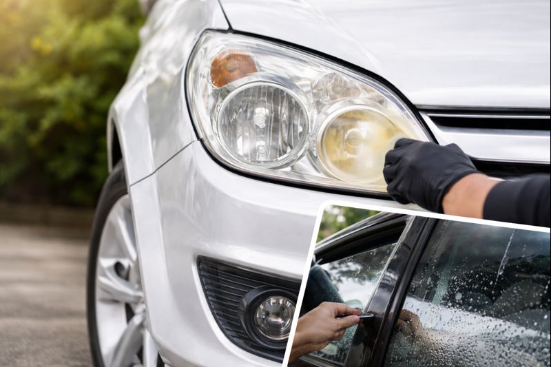 Farol de carro sendo polido e remoção de insulfilm antigo com bolhas no vidro lateral.