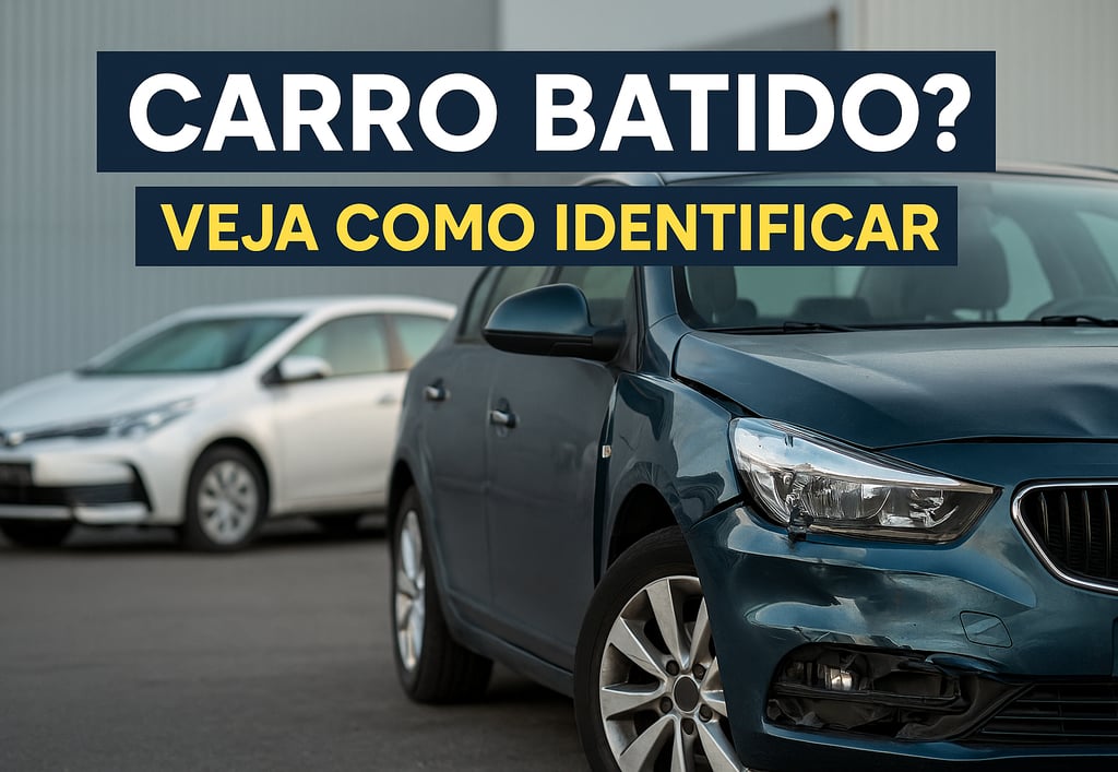 Carro usado azul com capô desalinhado e parachoque danificado em pátio de veículos
