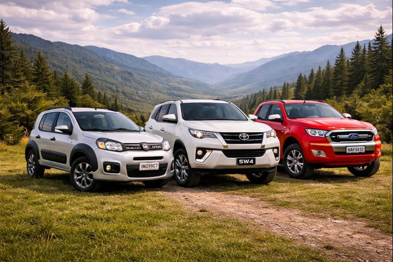 Comparativo de carros altos: hatch aventureiro, SUV e picape lado a lado em gramado ao ar livre