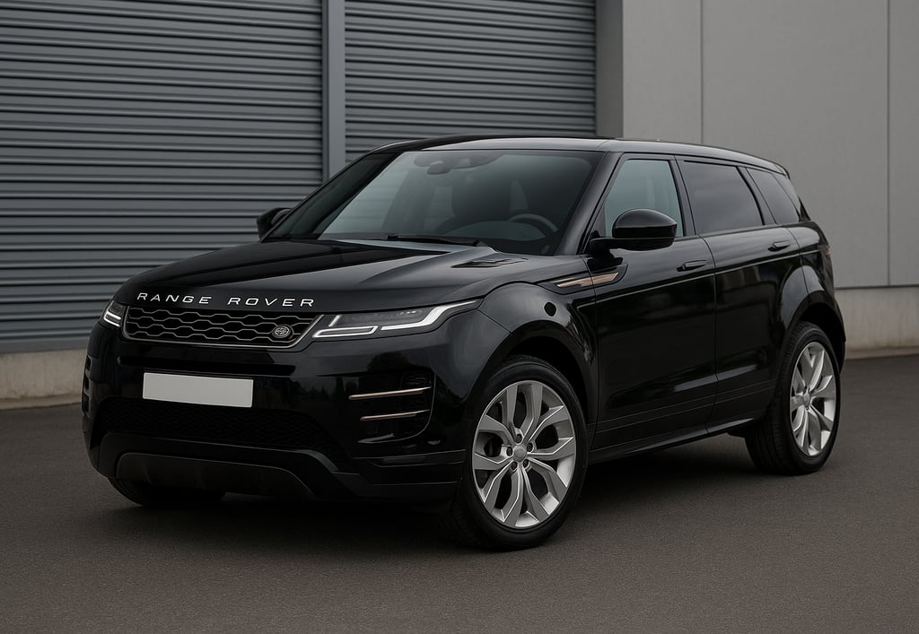 Range Rover Evoque preto estacionado em área urbana, visto em ângulo três quartos, destacando design