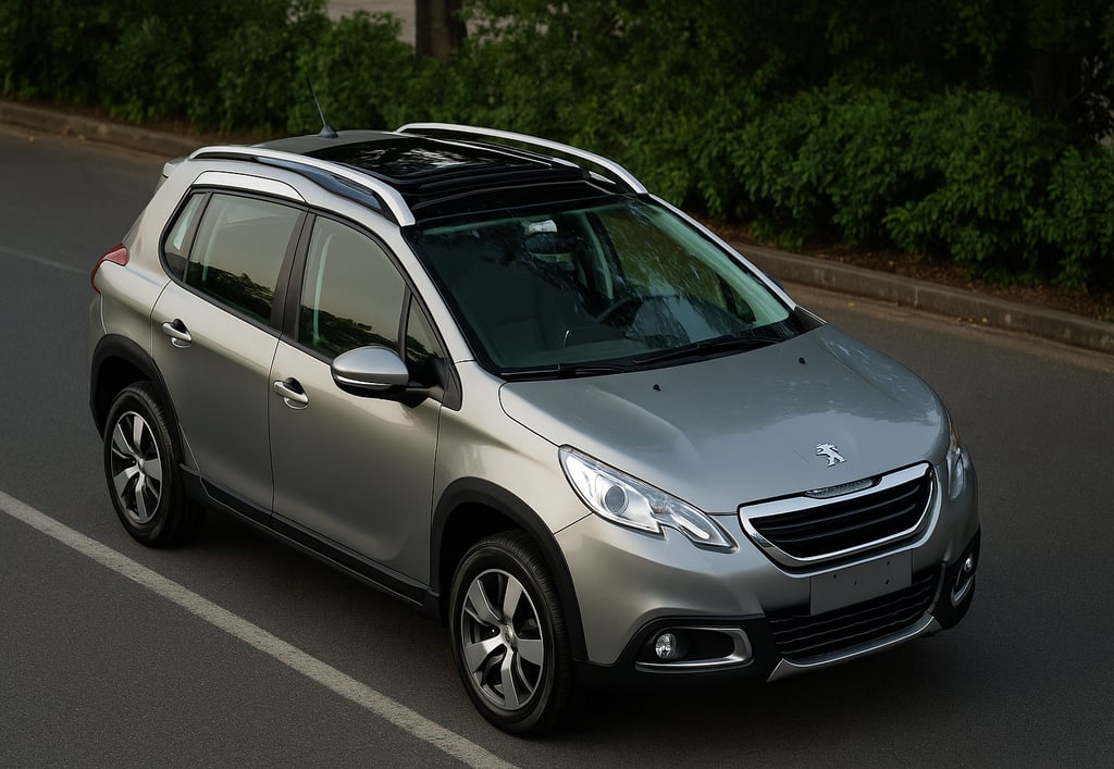 Peugeot 2008 com teto solar panorâmico em destaque sob luz urbana, capturado em ambiente realista.