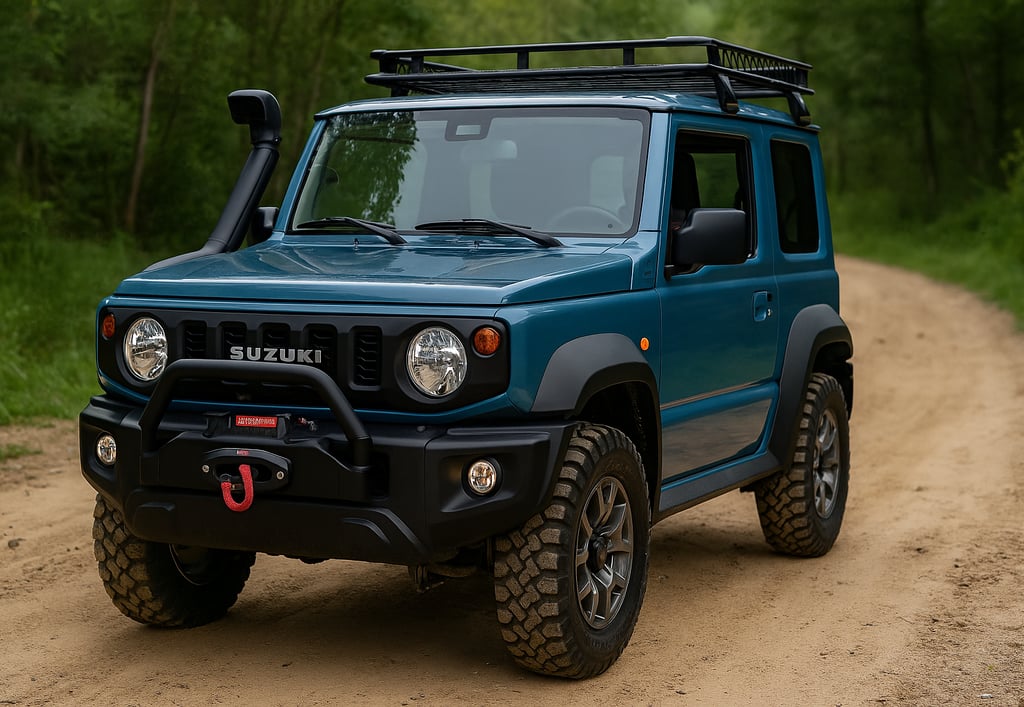 Suzuki Jimny azul preparado para trilhas, com pneus off-road e acessórios off-road robustos.