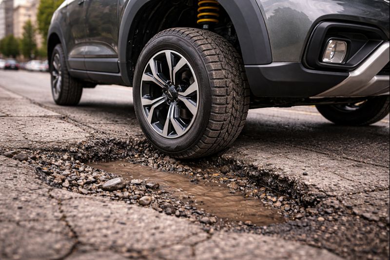 Roda e suspensão de SUV passando por rua esburacada, destacando altura do solo em uso urbano