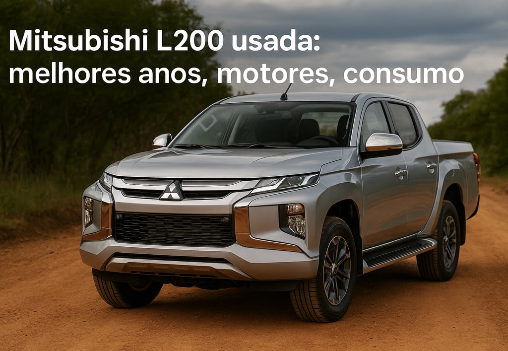 Mitsubishi L200 usada prata em estrada de terra, vista frontal destacando design robusto