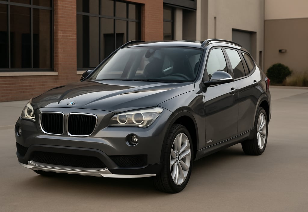 BMW X1 cinza visto de frente e lateral em ambiente urbano moderno.