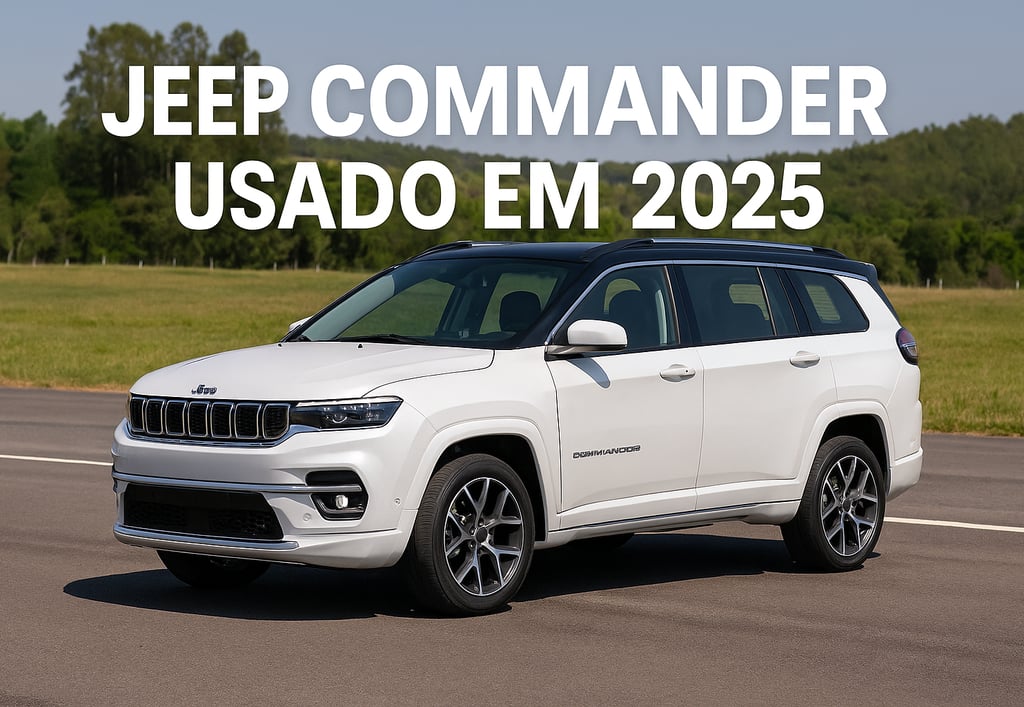 Jeep Commander branco usado em 2025 em destaque, SUV inteiro bem enquadrado em estrada limpa