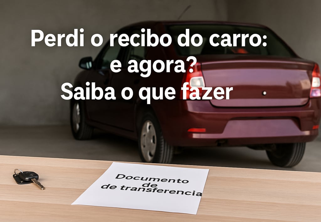 Documento de transferência sobre a mesa com chave de carro ao lado e veículo usado ao fundo, represe